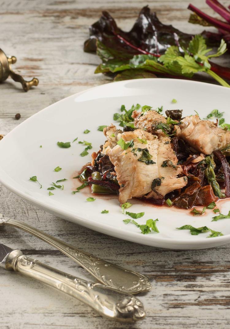 Perch fillets with chard and beet greens